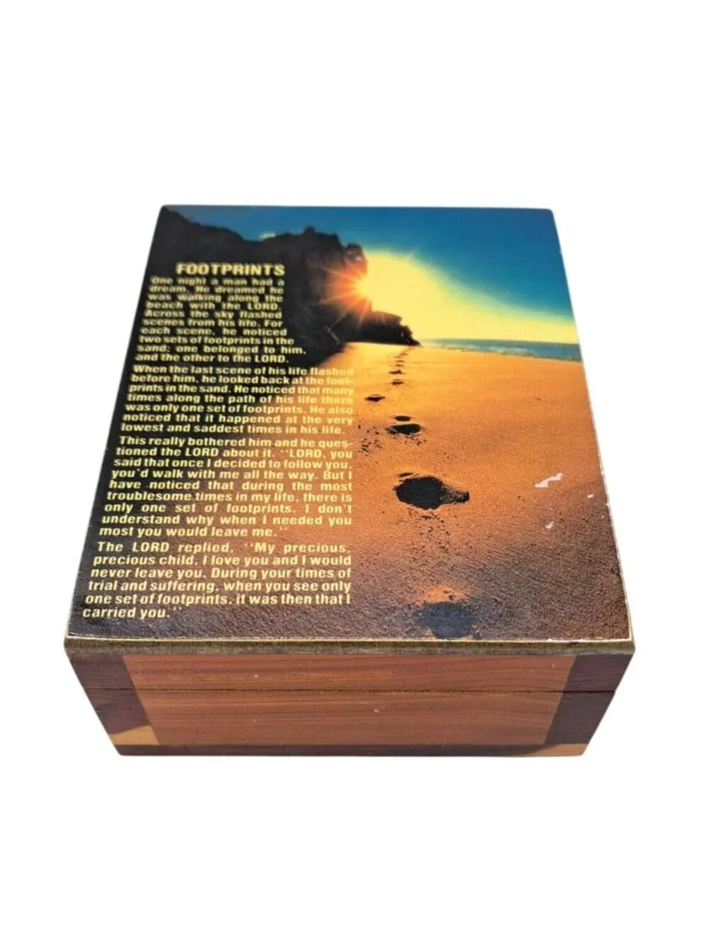 Vintage Footprints Box Cedar Wood Keepsake Inspirational Poem Storage Jewelry